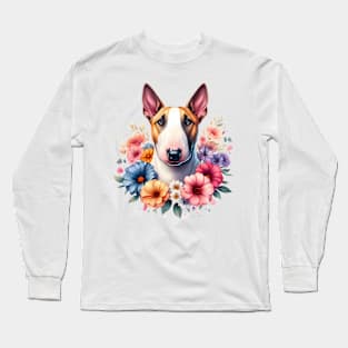 A bull terrier with beautiful colorful flowers Long Sleeve T-Shirt